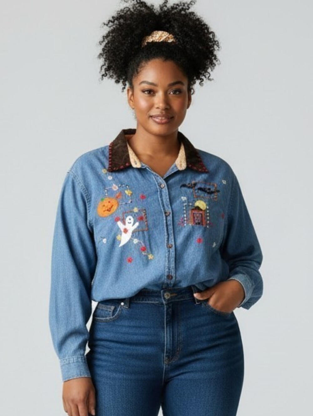 Vintage White Stage 1990s Embroidered Halloween Denim Shirt Womens Size 18/20 2X